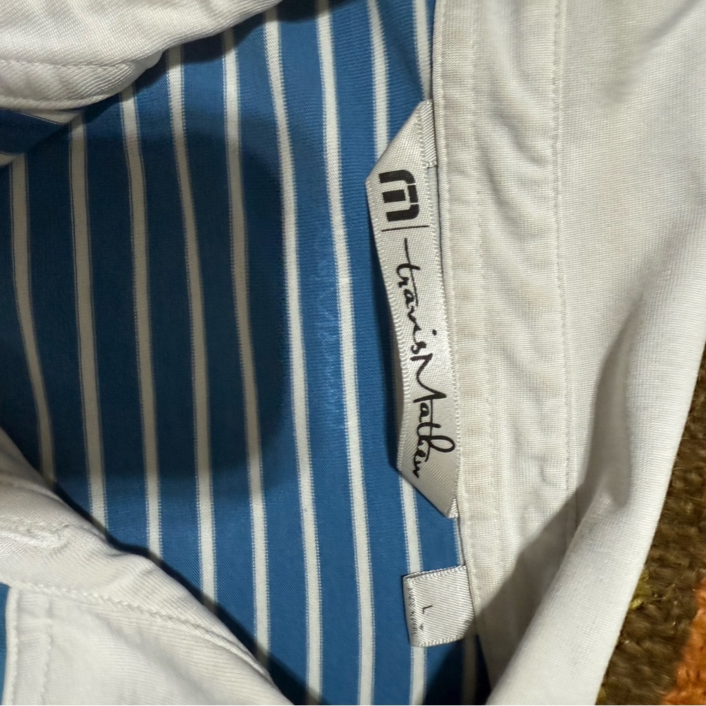 Travis Mathew White and Blue Striped Shirt